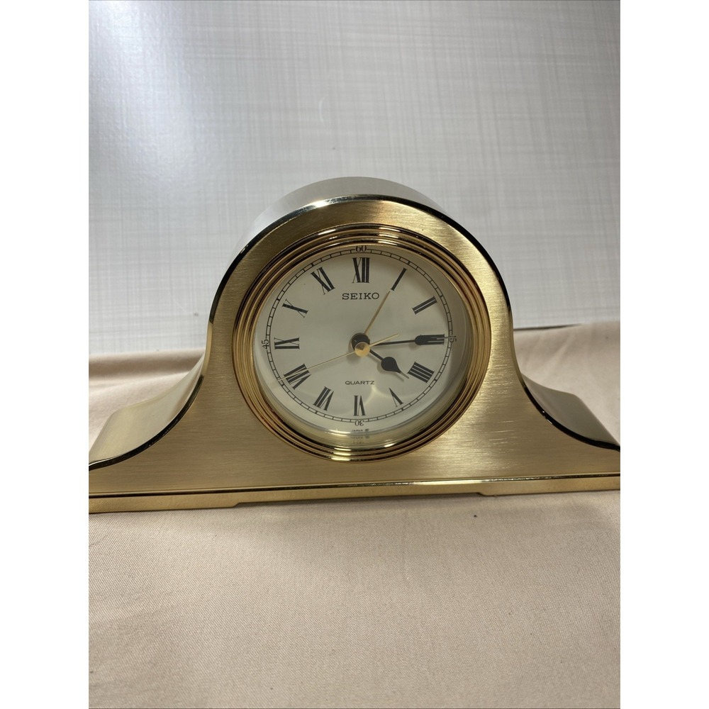 Seiko Half Moon Quartz Mantle Desk Clock Gold Tone Black Dial Made In Japan